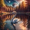 Cute and adorable swan swimming in lake, autumn colors. Generative AI