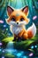 A cute and adorable tiny fox, scampering through a lush, enchanted forest, pure magic, unique wildflower, cartoon, animal design