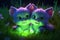 a cute adorable two baby cats resting in grass by night with neon violet yellow light rendered in the style of children-friendly