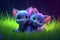 a cute adorable two baby cats resting in grass by night with neon violet yellow light rendered in the style of children-friendly