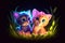 a cute adorable two baby cats resting in grass by night with neon violet yellow light rendered in the style of children-friendly