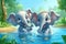 cute adorable two baby elephants splashing each other with their trunks by water in nature rendered in fantasy cartoon animation