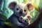 a cute adorable two baby koala in nature rendered in the style of children-friendly cartoon animation fantasy style created by AI