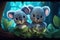 a cute adorable two baby koalas with coats, by night in nature rendered in the style of children-friendly cartoon animation