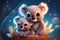 a cute adorable two baby koalas with coats, by night in nature rendered in the style of children-friendly cartoon animation