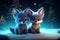 a cute adorable two baby wolfs in winter by night with light in forest rendered in the style of children-friendly cartoon