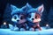 a cute adorable two baby wolfs in winter by night with light in forest rendered in the style of children-friendly cartoon
