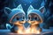 a cute adorable two baby wolfs in winter by night with light in forest rendered in the style of children-friendly cartoon