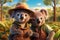 a cute adorable two koalas with coats and caps, in nature rendered in the style of children-friendly cartoon animation fantasy