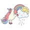 Cute adorable unicorn with clouds rainy and rainbow