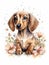 Cute Adorable Watercolor Dachshund Puppy with Tender Flowers Creative Illustration. Generative Ai