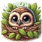 A cute and adorable wide-eyed owl chick, peeks out of its nest, cartoon style, white background, t-shirt prints, animal art