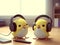 Cute and adorable yellow baby chickens with earphones in head