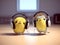 Cute and adorable yellow baby chickens with earphones in head