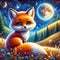 A cute and adorablebfox in a stunning hill, with moonlit at a starry night, tree colorful flowers, in bold painting, fantasy art