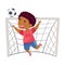 Cute African American Boy Goalkeeper Catching Ball Between Goalposts Vector Illustration