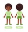 Cute African American Boy is Smiling and Standing. Front Back View. Black Schoolboy in Clothes. Kid with Curly Hair. Afro