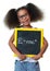 Cute african american girl with glasses holding a sign with a famous physics formula