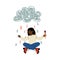 Cute African American Girl Painting Cloud and Rain on Wall with Color Paints and Brush, Girl Sitting on Floor under Rain