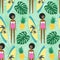 Cute african american girl with surfboard, pineapple and palm leave seamless pattern.