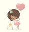 Cute African-American happy girl with the balloon and birthday hat wearing pink dress blowing up the candles on a