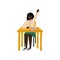 Cute African American Schoolgirl Sitting at Desk and Raising Her Hand to Answer, Elementary School Student Vector