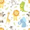 Cute African Animals Childish Seamless Pattern, Giraffe, Lion, Elephant, Crocodile, Panda bear, Zebra, Design Element