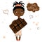 Cute African girl holding bitten bar of chocolate. Little baby and sweet chocolate. Cartoon style