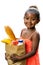 Cute african kid holding groceries in brown bag.