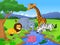 Cute African safari animal cartoon characters scene