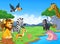 Cute African safari animal cartoon characters scene