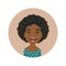 Cute Afro American woman happy facial expression. Smiling African girl avatar. Dark-skinned smiling cartoon model face.