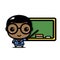 Cute afro boy cartoon character being a teacher teaching on the blackboard