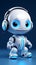 Cute AI chat bot, isolated on blue, wearing stylish headphones