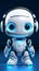 Cute AI chat bot, isolated on blue, wearing stylish headphones