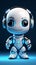 Cute AI chat bot, isolated on blue, wearing stylish headphones