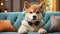 cute Akita Inu dog wearing headphones in the room relaxation