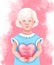 A cute albino girl in a blue dress holds a pink heart