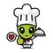 The cute alien cartoon character becomes a chef wearing a chef costume while carrying a dish