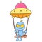 Cute alien creature is playing swing flying with ufo, doodle icon image kawaii