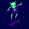Cute alien creature teenager skating in space on a skateboard amongst the stars on a blue background.