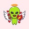 Cute alien cupid holding love gift and love bouquet cartoon vector Illustration.