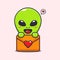 Cute alien with love message cartoon vector Illustration.