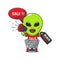 cute alien in shopping cart is promoting black friday sale with megaphone cartoon vector illustration.