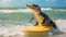 A cute alligator surfer enjoys a fun-filled summer day at the beach, riding waves with enthusiasm, Ai Generated