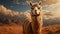 A cute alpaca gazes at the sunset on a sandy mountain generated by AI