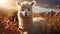 A cute alpaca grazes in a green meadow at sunset generated by AI