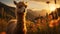 A cute alpaca grazes in the meadow, bathed in sunset generated by AI