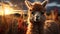 A cute alpaca grazes in the meadow at sunset generated by AI