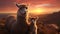 A cute alpaca grazes in the meadow under the sunset generated by AI